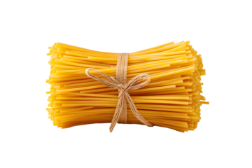 Neatly tied stack of uncooked italian spaghetti with gold string for culinary design