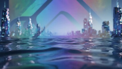 Vibrant futuristic cityscape with glowing neon buildings submerged in rippling ocean water, a surreal digital metaverse landscape background - Powered by Adobe