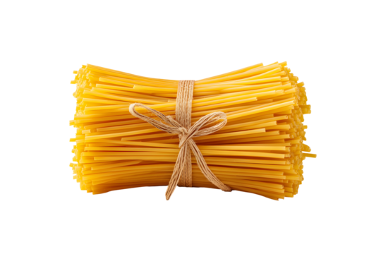 Neatly tied stack of uncooked italian spaghetti with gold string for culinary design