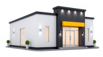 Modern commercial building exterior with flat roof, large glass entrance, yellow awning, white and dark gray walls, illuminated lights, and potted plants, creating welcoming atmosphere