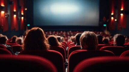 A crowd waits quietly in red velvet seats eager for the film to begin as the screen glows.