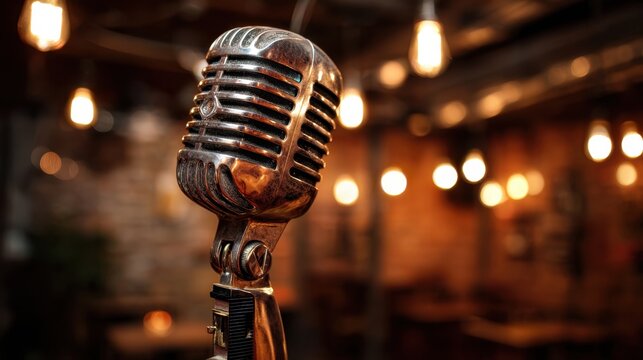 A stylish microphone awaits its turn on stage in a dimly lit space creating an inviting atmosphere.