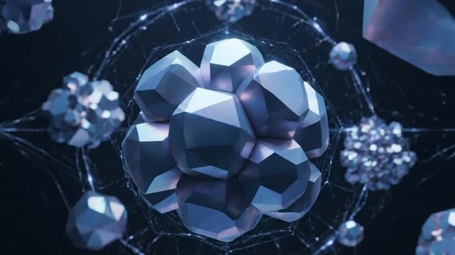 Abstract digital network of multifaceted geometric structures, representing advanced technology, data science, and interconnected molecular concepts in a visually futuristic design