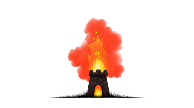 Burning stone tower with large red smoke and bright yellow flames, dramatic fire disaster, isolated on transparency background, emotional intensity, medieval architecture, emergency scene