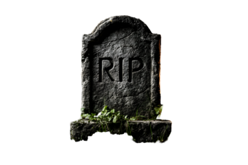 Eerie gravestone with r.i.p. inscription and overgrown weeds