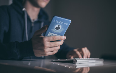 Man sign up and login. Registration, enter, sign in, membership concept. Personal data acquisition.