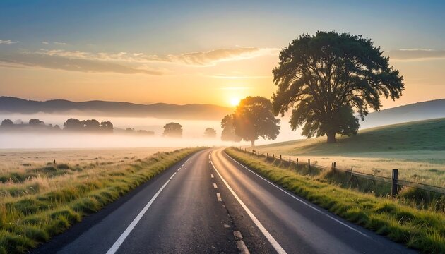 Scenic sunrise illuminating an empty road winding through countryside - Powered by Adobe