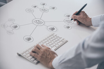 Businessman manage documents directory on virtual display. Business setup document management system