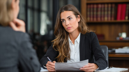 Serious and Attentive Female Lawyer or Financial Consultant Engaged in a Focused Business Discussion, Holding Documents and Listening to a Client in a Professional Office Setting