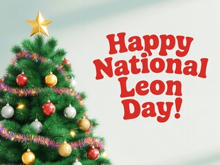 Festive christmas tree adorned with ornaments and lights celebrating happy national leon day with bold red text
