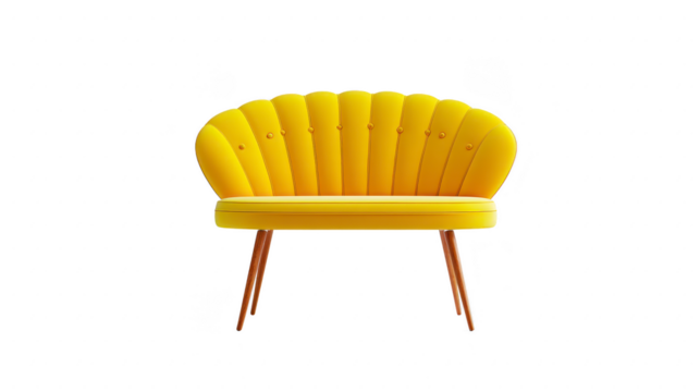 Yellow velvet sofa, modern scalloped backrest, wooden legs, mid century style, comfortable seating, bright home decor, cheerful and inviting atmosphere