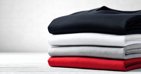 Stack of colorful tshirts folded neatly on a white wooden surface