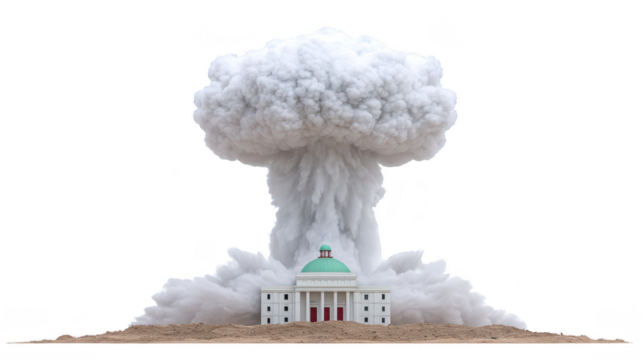 Mushroom cloud explosion rises above neoclassical government building with green dome, symbolizing destruction, chaos, and dramatic impact, isolated on transparency background