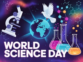 World science day celebration with earth globe microscope laboratory flasks and dove symbolizing knowledge and discovery