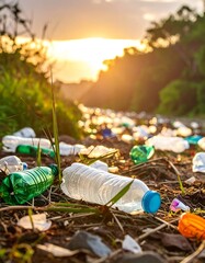 Plastic waste litters a natural landscape during a beautiful sunset