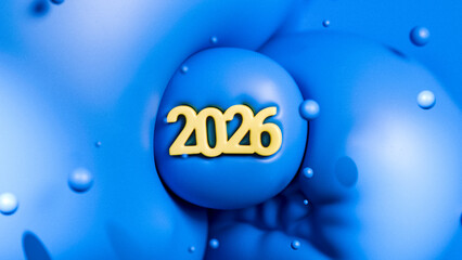 New Year holidays event background, blue balloons and yellow 2026 numbers, 3d render