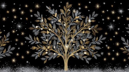 A gold and silver tree with white berries and leaves, set against a black background with stars and snowflakes, with a golden star in the foreground.