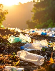 Plastic trash lit by the sun's rays amidst natural vegetation