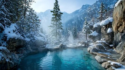 Snowy Mountain Hot Spring with Crystal Blue Water and Pine Trees in Winter