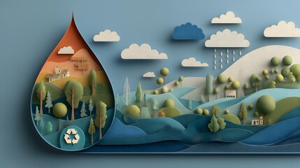 Paper-cut style digital illustration of a layered multicolored water droplet revealing landscape scenes and recycling icon in muted greens and blues for environmental sustainability campaigns