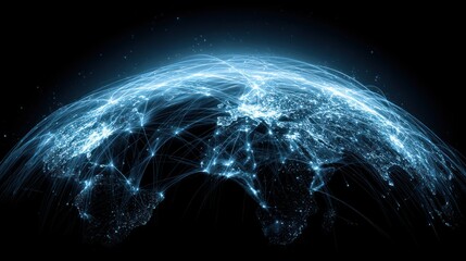 Global network of light strands depicting worldwide connections and data flow