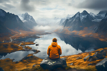 Spectacular mountain landscape with hiker observing valley at sunrise in tranquil nature setting
