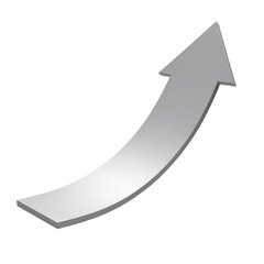 A curved, three-dimensional, upward-pointing, silvery arrow against a black background
