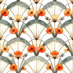 Repeating watercolor floral design with arched shapes and vibrant orange blooms