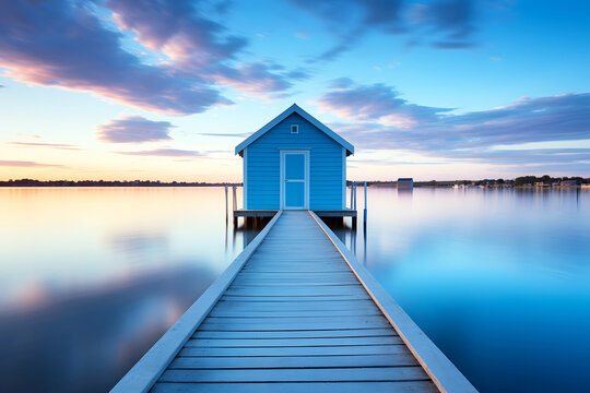 Bright blue house on stilts with a wooden pier overlooking a calm lake during sunset