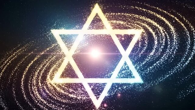 Star of David symbol glowing in cosmic swirl of light  