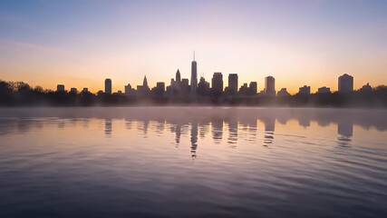 Serene Skyline Reflection at Sunrise with Morning Mist Over Calm Water and Distant Cityscape Silhouette at Dawn Featuring Tall Skyscrapers and Soft
