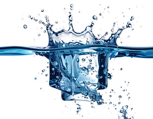 Ice cube splash into clear water, transparent background