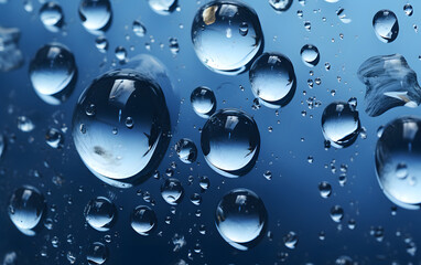Close-up view of water droplets on a blue background showcasing texture and reflections in a natural setting
