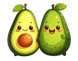 Kawaii avocado couple with smiling faces, transparent background 