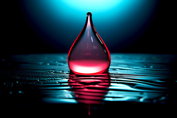 Colorful red water droplet reflecting light on a slick surface in a dark environment during nighttime