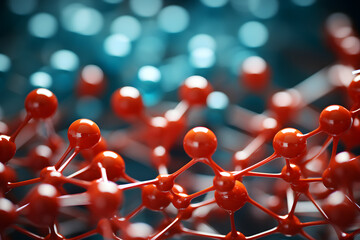 Molecular structure with red spheres connected by fine lines illustrating chemical bonds and interactions under soft lighting