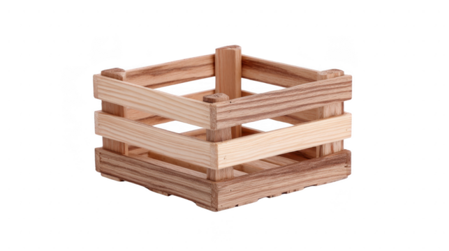 Wooden crate square shape empty natural color rustic small lightweight open slat design storage home decor isolated on transparency background