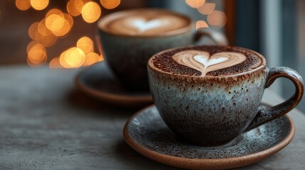 Warm Coffee Cups With Heart-Shaped Foam on a Cozy Table During Evening Hours