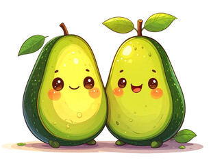 Kawaii avocado couple with smiling faces, transparent background