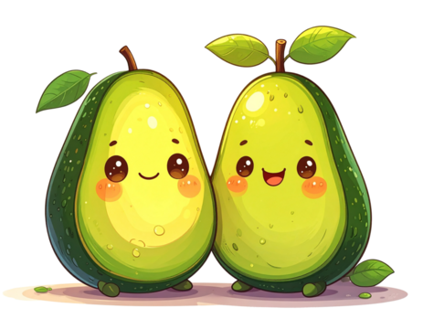 Kawaii avocado couple with smiling faces, transparent background