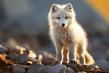 Arctic fox stands on rocky terrain during golden hour as sunlight illuminates its fur in a stunning natural landscape