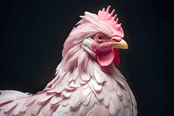 White hen with striking features perched against a dark background highlighting its vibrant colors and textures
