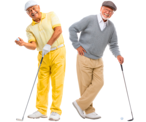2 happy, funny, relaxed 65-75 year old senior golfers full body, both with golf clubs and balls, isolated over white (transparent) background