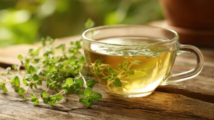 A clear glass cup filled with warm herbal tea sits on a wooden table beside fresh oregano.
