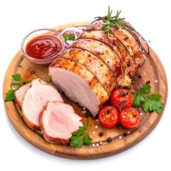 Roasted pork loin, sliced and garnished with fresh ingredients