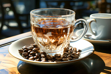 Warm cup of coffee resting on a plate of beans in a bright cafe setting during the morning hours