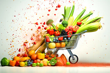 Vibrant assortment of fresh fruits and vegetables exploding from a shopping cart on a white background