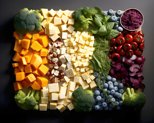 Colorful cheese and vegetable platter arranged beautifully for a gathering in a modern kitchen