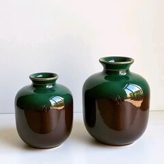 Title:
Emerald green and dark brown ceramic vases with glossy finish