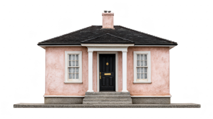 Single story pink house with black roof, central chimney, front steps, and two white framed windows, isolated on transparency background, evokes cozy and welcoming feeling